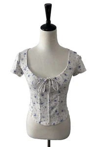 Just Polly White Blue Floral Milkmaid Crop Top Medium 90’s Faux Corset - Picture 1 of 12