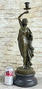 100% BRONZE STATUE ART NOUVEAU GIRLS CANDLESTICK CANDELABRA HOT CAST FIGURE - Picture 1 of 7