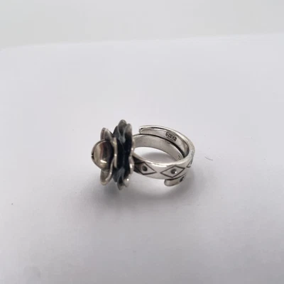 Sterling Silver Rose Flower Ring Adjustable 925 Floral Pattern Womens Band - Image 1 of 4