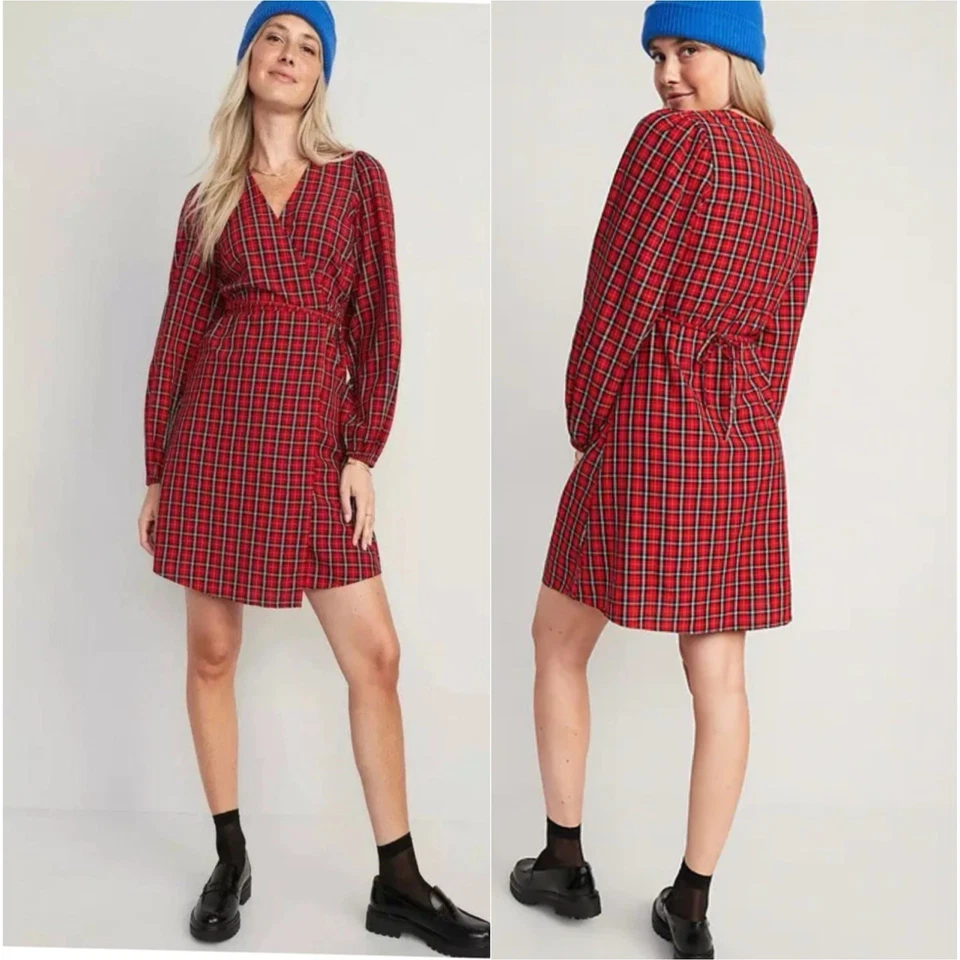 Old Navy long sleeve Wrap mini dress small modal plaid print woman XL Tall - Image 1 of 4