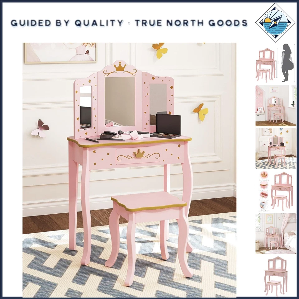 UTEX Pretend Play Kids Vanity Table and Chair Set With Mirror Pink