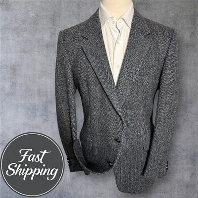 Blazer masculino vintage HARRIS LÃ TWEED 46L casaco esportivo cinza espinha de peixe EUA - Imagem 1 de 4