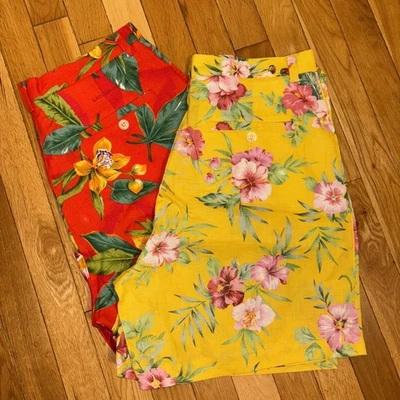 Pantalones Cortos Lauren Ralph Lauren W-12 Lino Lote De 2 Brillantes Florales Cottagecore Mamá Foto 1 de 4