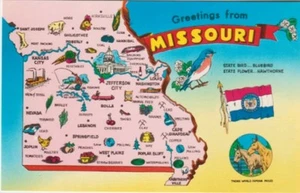 SALUTATIONS DU MISSOURI, CARTE POSTALE ANCIENNE NON POSTÉE CARTE DE L'ÉTAT 1U1, OISEAU, MULES - Photo 1/3
