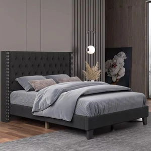 Fabric Linen Kind Bed Frame With Tufted Upholstered Headboard - Picture 1 of 4