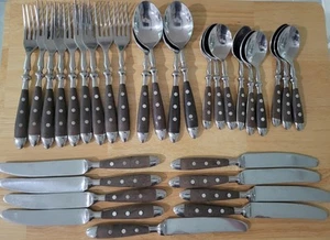 Vintage LC German Rostfrei Flatware Set Of 31 Pieces Brown Handle With Rivets - Picture 1 of 8