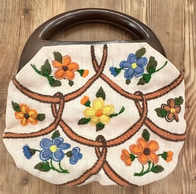 Vtg 70's Floral Embroidery Wood Handle Tapestry Purse cottage core grandmachic - Image 1 of 4