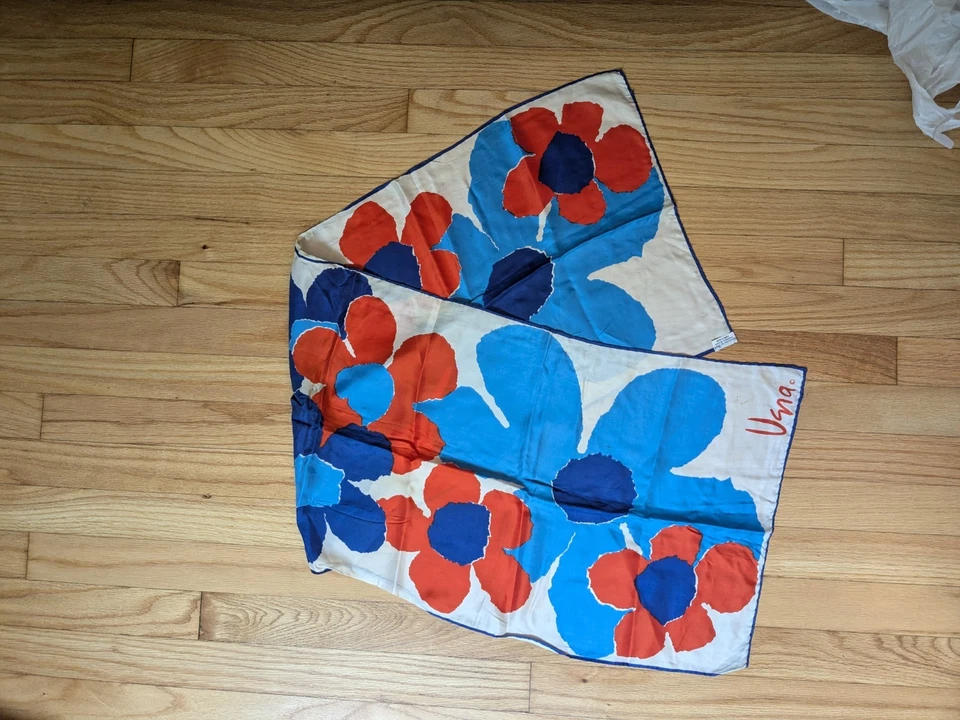 Bufanda vera vintage años 60 70 mezcla seda gráfico retro floral naranja azul 44,5" x14 Foto 1 de 4