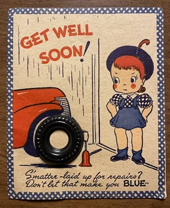 Vintage 1940s Get Well Soon Greeting Card Car Vehicle Repair Shop 3D Tire P4e - Picture 1 of 17