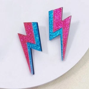 Pendientes Retro Años 80 Azul y Rosa Brillo Rayo Rayo Distintivos - Imagen 1 de 3