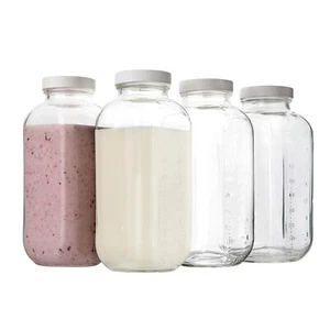 32oz Square Glass Milk Bottle with Plastic Airtight Lids Reusable Dairy Drink... - Picture 1 of 8