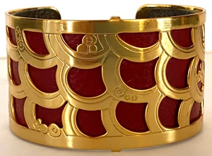 BRIGHTON CHRISTO GOLD TONE TOKYO ~ WAVE & BUBBLE ~ LEATHER SCROLL CUFF BRACELET - Picture 1 of 5