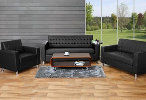 3-2-1 Sofagarnitur Pori, Couch Loungesofa Kunstleder, Metall-Füße, schwarz - Bild 1 von 7