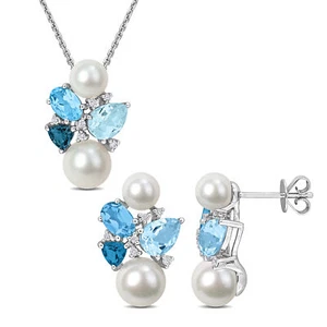 Amour 14K White Gold Topaz Diamond & FW Pearl Earrings, Pendant & Chain Set - Picture 1 of 6