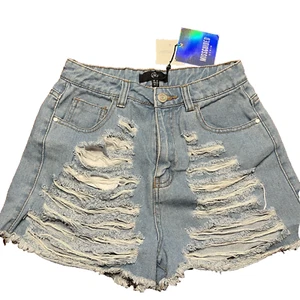 NWT Missguided High Waisted Shredded Jean Denim Shorts Size 2R  Medium Wash - Picture 1 of 16