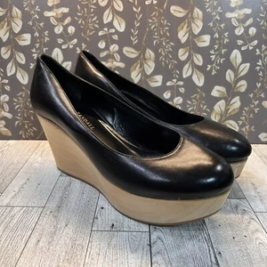 Loeffler Randall Wood Platform Wedge Black Leather Shoes size 9.5 B - Picture 1 of 8