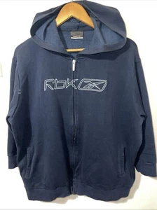 Vintage Reebok 3/4 Sleeve Full Zip Hoodie Fleece Sweatshirt Navy L Pit To Pit24” - Picture 1 of 7
