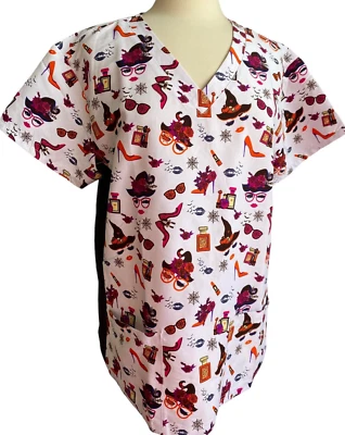 Green Town Women's White Scrub Top Size XL- Witch Halloween Theme- NEW - Image 1 of 4