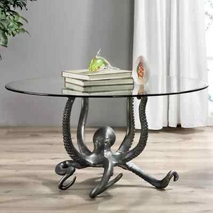 Stunning Aluminum Coastal Octopus Glass Coffee Table Home Decor - Picture 1 of 4