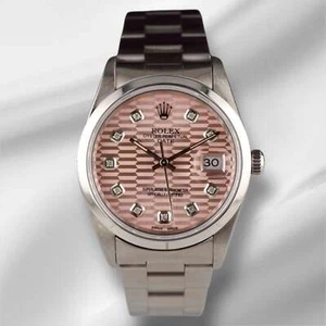 Rolex Date 34mm Ladies Pink Motif Diamond Dial Oyster Steel Watch 15000 - Picture 1 of 11