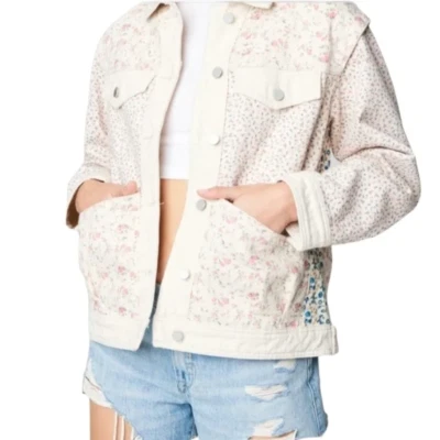 Jaqueta jeans em branco NYC Full Bloom floral patchwork botão bolso creme P - Imagem 1 de 4