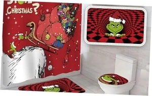 4Pcs Christmas Shower Curtain Sets with Non-Slip Rugs, Toilet Lid Cover and - Picture 1 of 2