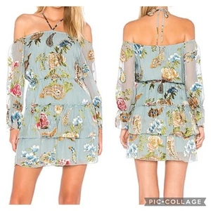 ALICE + OLIVIA Waylon Ruffle Mini Dress in Icy Aqua - Paisley Floral Size 6 - Picture 1 of 15