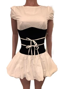 Y2K weiß Colorblock Academia Style Micro Mini gefüttert Puffed Dress S Coquette - Bild 1 von 3