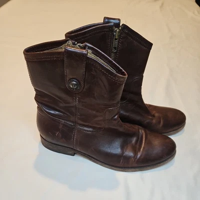 Frye Melissa Botón Cremallera Botines Cuero Marrón Mujer 7.5B Western Informal Foto 1 de 4