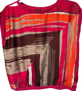 NINE WEST ABSTRACT MULTICOLOR BLOUSE LIGHTWEIGHT BOAT NECKLINE SHORT SLEEVE sz L - Picture 1 of 11