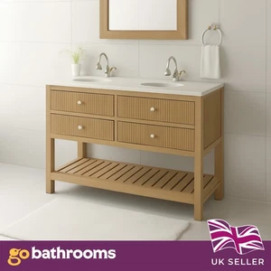 1200mm Natural Oak Ribbed Vanity Unit Ceramic Basin & Quartz Top Floor Standing - Picture 1 of 8