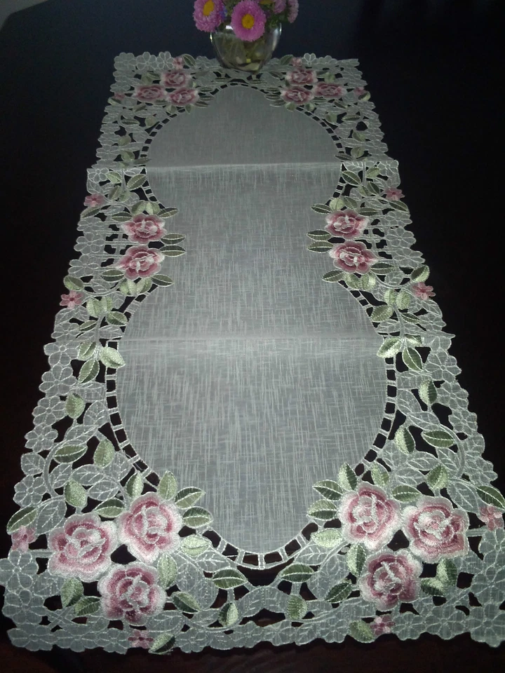 16"x54"Embroidery Tablecloth Spring Rose Organza Table Runner Topper Home Decor - Image 1 of 1