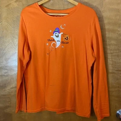 Truco o trato Halloween naranja manga larga bordado cuello redondo algodón camiseta Foto 1 de 4