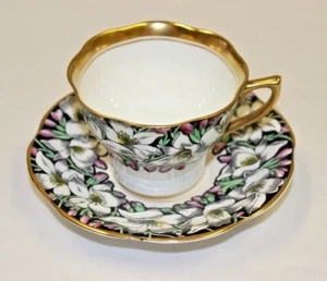 Rosina Cup & Saucer England Bone China Floral Black & Gold - Picture 1 of 3