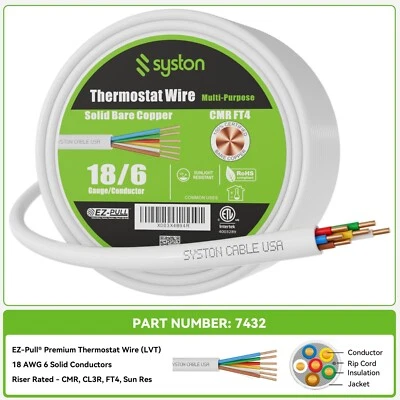 Syston 18/6 Thermostat HVAC Heating Control Cable Wire Solid Copper 18AWG 6C CMR - Image 1 of 4