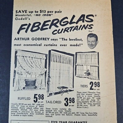 Cortinas de fibra de vidrio Godell's 1953 anuncio impreso vintage Arthur Godfrey con volantes en capas Foto 1 de 4
