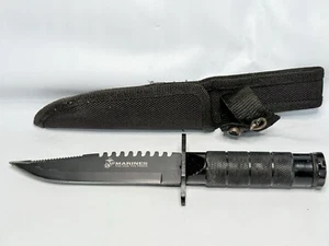 MARINES (M-1003) By USMC Black Fixed Blade Vintage Survival Knife W/ Sheath - Picture 1 of 8