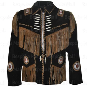 Giacca uomo American Western fatta a mano pelle scamosciata marrone frange perline nuova-527 - Foto 1 di 4