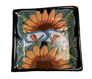 Talavera Pottery Square Dish Trinket Tray Cobalt Sunflower Calla Lily 6.25" - Picture 1 of 9