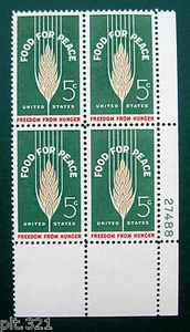 Sc # 1231 ~ Plate # Block ~ 5 cent Food For Peace-Freedom From Hunger Issue - Picture 1 of 1