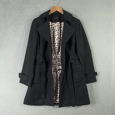 Nine West Trench Coat Womens 8 Black Belted Button Up Multi Pocket Lined Jacket - Image 1 of 4