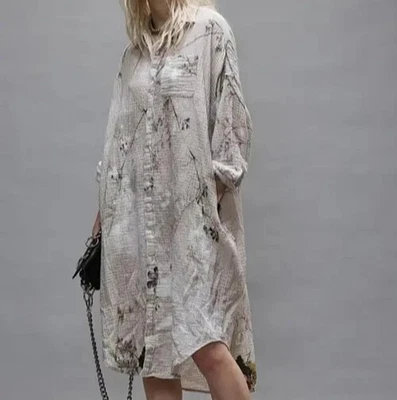 NUEVO CON ETIQUETAS ~ R13 Vestido camisero midi de gasa de algodón floral de gran tamaño en crema XS/S Foto 1 de 4