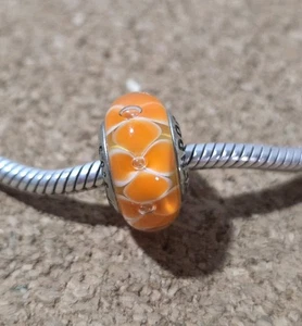 925 Sterling Silver Orange Flowers Murano Glass European Charm Bead STAMPED - Picture 1 of 3