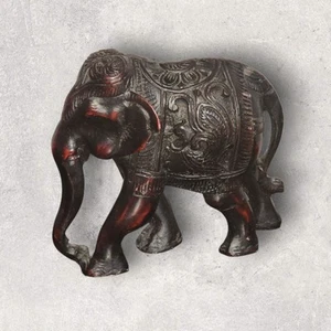 Thai Asian Elephant Statue 5" High Dark Wood Red Tone Carved Caparison No Tusks - Picture 1 of 11
