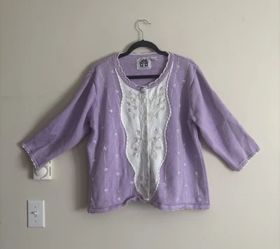 Vintage Y2K Storybook Knits Cardigan Plus Size 1X Floral Purple Floral Cottage - Image 1 of 4