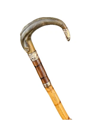 Bastón bastón de bambú de montaje dorado mango cuerno de ganado tallado antiguo vintage Foto 1 de 4