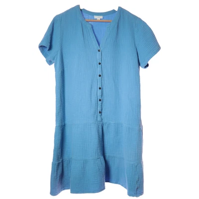 Vestido J Jill Mujer XL Botón Delantero Manga Corta En Niveles Informal Azul Algodón Gasa Foto 1 de 4