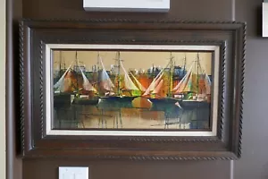 Drew Moss "Ships" Oil on Canvas MCM Mid century Modern art painting Merill Chase - Picture 1 of 13