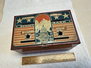 Vintage Marx Tin Litho Budget Bank 4 Compartments Patriotic Red White & Blue - Picture 1 of 7