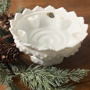 Vtg Fenton Hobnail 6.5" Pedestal White Milk Glass 6 Candle Holder W/ Label 1970 - Picture 1 of 10